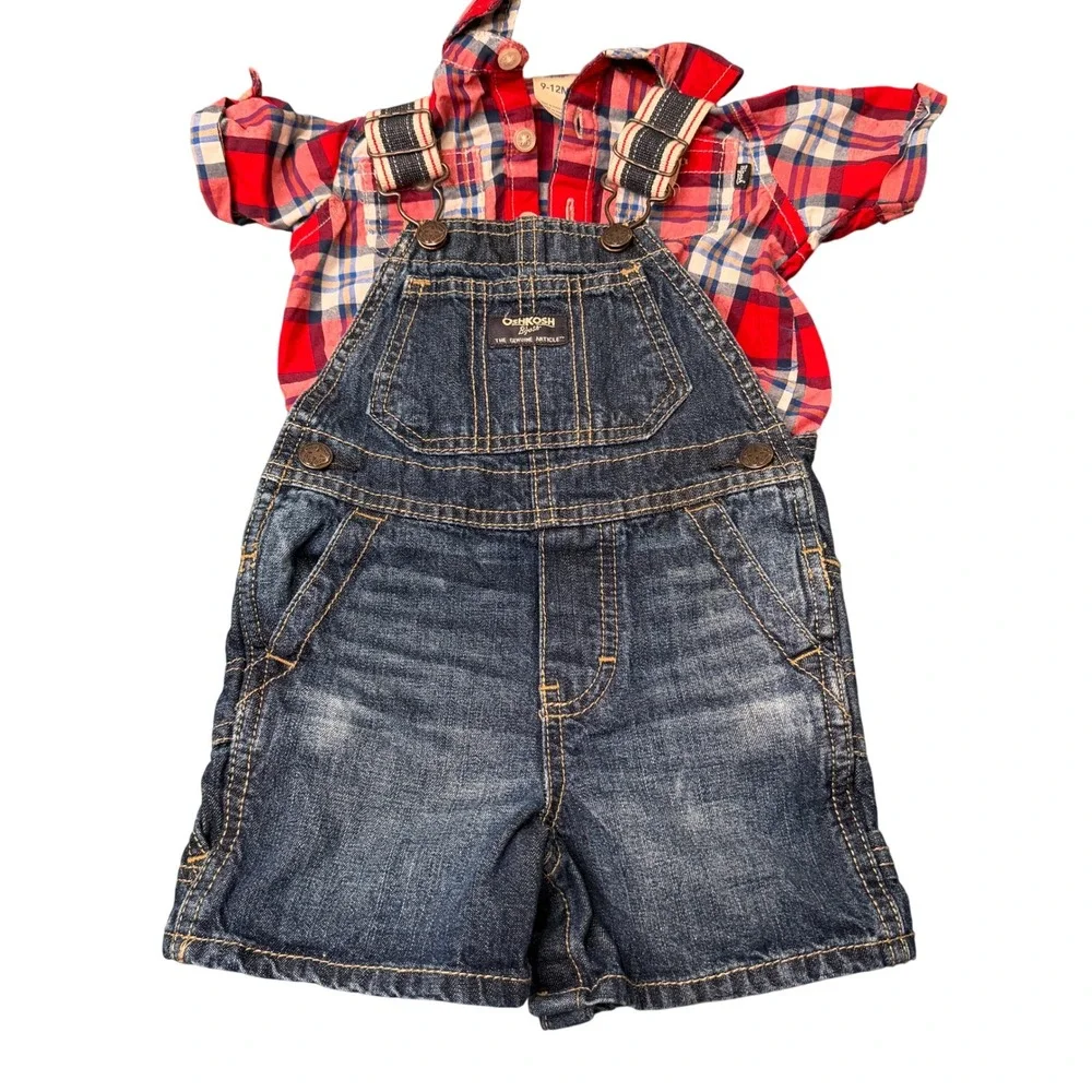 OshKosh B'gosh Baby Boy Denim Shortalls Red Plaid Shirt Set Size 9-12M
